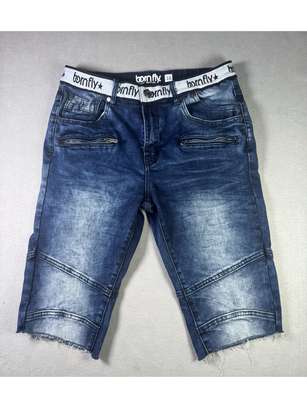 Born Fly Men's Denim Moto Shorts Size 32 Blue Distressed Frayed Waistband Logo